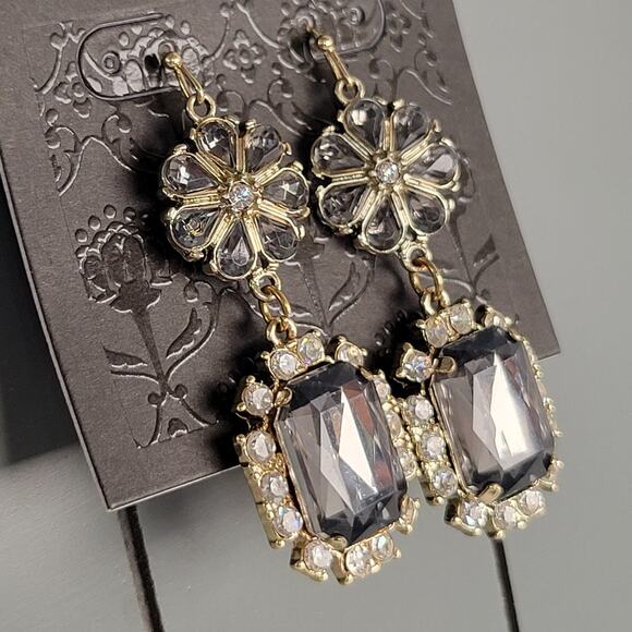 Gold Tone Dangle Earrings Gray Faceted Gem Crystal Border Drop 2.2" Nickel Free - Picture 5 of 11